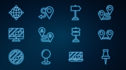 Poster - set line push pin, route location, road traffic sign, monitor with marker, world globe compass, and 