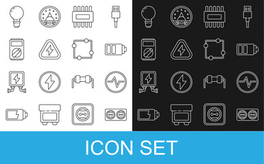 Poster - Set line Electrical outlet, circuit scheme, Battery charge level indicator, Processor with microcircuits CPU, High voltage, Multimeter, Light bulb concept of idea and icon. Vector
