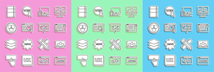 Poster - Set line UI or UX design, Web development, Monitor and mobile, RGB CMYK color mixing, Sketchbook album and Planning strategy concept icon. Vector
