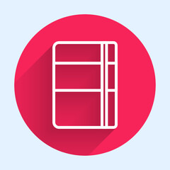 Poster - White line Sketchbook or album icon isolated with long shadow. Red circle button. Vector