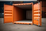 Fototapeta Do przedpokoju - Orange shipping container with doors open and closed. Generative AI
