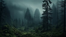 Design A High-resolution Image Of A Dense And Mysterious Fog-covered Forest
