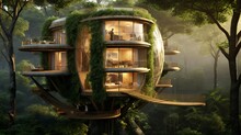 Design An Eco-friendly Treehouse Harmoniously Integrated Into A Lush Forest Canopy