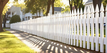 Classic White Picket Fence Surrounds A Cute Country Cottage. Sunny Day, Cozy Countryside, Classic Exterior. 