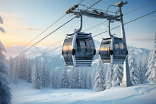 New Modern Cabin Ski Lift Gondola Against Snowcapped Forest Tree And Mountain Peaks In Luxury Winter Resort. Winter Leisure Sports, Recreation And Travel.