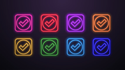 A set of neon icons of positive ticks ok in the colors blue yellow red orange green purple and pink on a dark background.