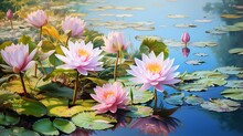 Create An Elegant Composition Of A Serene Pond Surrounded By Water Lilies, Their Delicate Flowers Floating Gracefully On The Surface