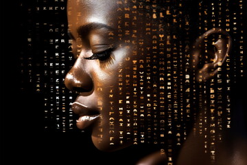 Black woman face with digital matrix numbers. Artificial intelligence. AI theme with a female human face