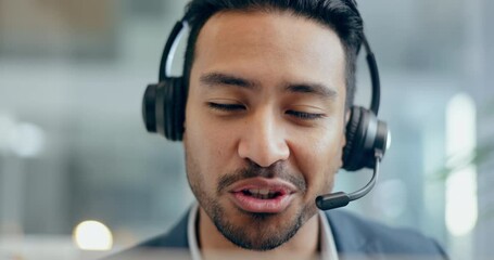 Poster - Man, face and consulting in call center for customer service, advisory and IT questions. Happy asian salesman, microphone and talk at help desk in CRM agency for telecom support, FAQ or telemarketing