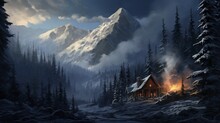  An Image Of A Remote Mountain Cabin Nestled Among Pine Trees Smoke Rising From Its Chimney On A Crisp Morning 