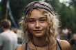© wetzkaz - woman wearing headband, caucasian, preteen teenager, girl, or young adult woman, blond hair, blonde, nose piercing, necklace, hippie style or alternative or vintage, friendly nice likeable ,caucasian