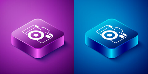 Poster - Isometric Photo camera icon isolated on blue and purple background. Foto camera. Digital photography. Square button. Vector