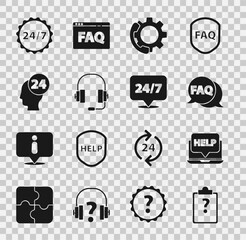 Poster - Set Clipboard with question marks, Laptop and help, Speech bubble FAQ, Telephone 24 hours support, Headphones, Support operator in touch, Clock and icon. Vector