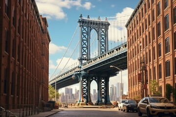  View of Manhattan Bridge, connecting Manhattan and Brooklyn, over the East River. Seen from a narrow alley in Dumbo, Brooklyn on a sunny day. Generative AI