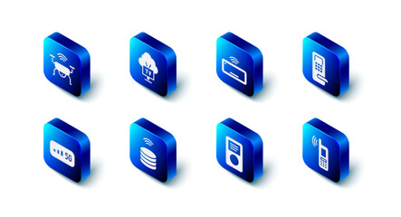 Poster - Set Smart Tv, Computer keyboard, Digital door lock, Mobile with wi-fi wireless, Music player, data server, 5G internet and drone system icon. Vector