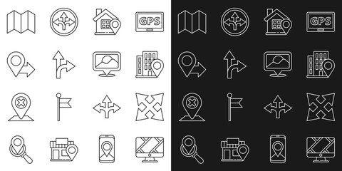 Poster - Set line Monitor with location marker, Road traffic sign, Location house, Folded map and icon. Vector