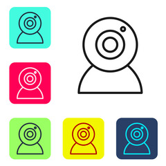 Poster - Black line Web camera icon isolated on white background. Chat camera. Webcam icon. Set icons in color square buttons. Vector
