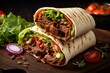 Delicious Turkish style wrap made with döner kebab, wrapped in a soft dürüm, pita bread. Generative AI