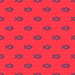 Wall Mural - Blue line Christian fish symbol icon isolated seamless pattern on red background. Jesus fish symbol. Vector