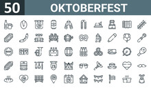 Set Of 50 Outline Web Oktoberfest Icons Such As Beer, Pistachio, Pennant, Beer, Toast, Hair, Hat Vector Thin Icons For Report, Presentation, Diagram, Web Design, Mobile App.