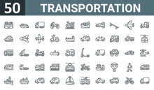 Set Of 50 Outline Web Transportation Icons Such As Suspension Railway, Speedboat, Delivery Truck, Atv, Steam Locomotive, Cargo Ship, Hyperloop Vector Thin Icons For Report, Presentation, Diagram,