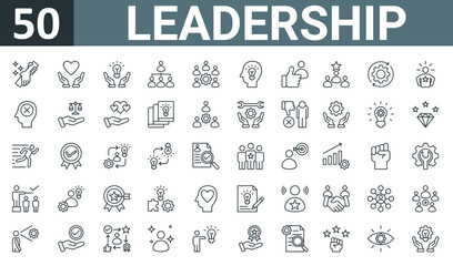 set of 50 outline web leadership icons such as help, care, problem solving, organization structure, teamwork, idea, feedback vector thin icons for report, presentation, diagram, web design, mobile