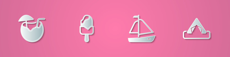 Sticker - Set paper cut Coconut cocktail, Ice cream, Yacht sailboat and Tourist tent icon. Paper art style. Vector