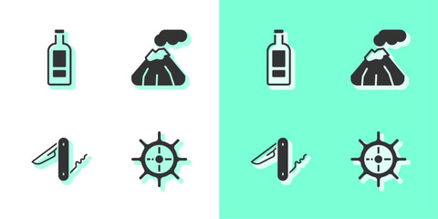 Wall Mural - Set Ship steering wheel, Bottle of vodka, Swiss army knife and Volcano icon. Vector