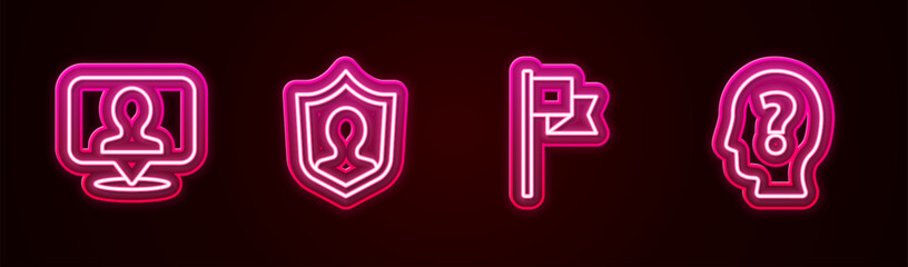 Poster - Set line Location with person, User protection, marker and Head question. Glowing neon icon. Vector