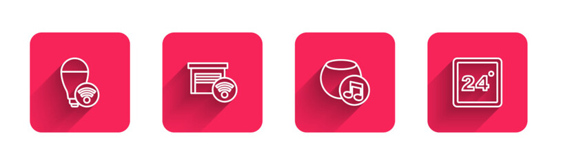 Poster - Set line Smart light bulb, garage, Voice assistant and Thermostat with long shadow. Red square button. Vector