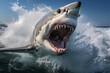The shark, seen from the front, with its mouth open and sharp teeth visible, stirs the sea water, generative AI