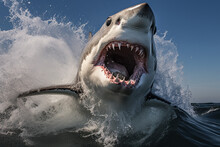 The Shark, Seen From The Front, With Its Mouth Open And Sharp Teeth Visible, Stirs The Sea Water, Generative AI