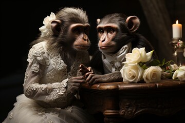 Wall Mural - Monkey couple in a wedding dress on a black background. Studio shot. Wedding couple in love, bride and groom on their wedding day.