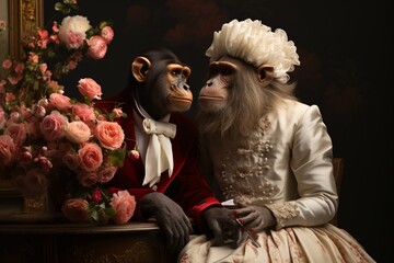 Wall Mural - Monkey couple in a wedding dress on a black background. Studio shot. Wedding couple in love, bride and groom on their wedding day.