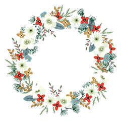 Wall Mural - Christmas floral frame, wreath made of poinsettia. White hellebores, mums flowers, berries and  pine tree branches. Hand drawn vector illustration background. Isolated element for greeting card.