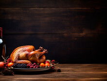 Thanksgiving Turkey On Rustic Wooden Table With Copy Space