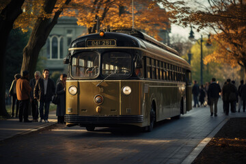 Wall Mural - Passengers boarding a vintage trolleybus, showcasing the evolution of electric public transportation. Generative Ai.