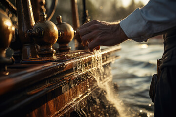 Poster - a close-up of a person's hand steering a steam-powered paddleboat, a symbol of river transportation 