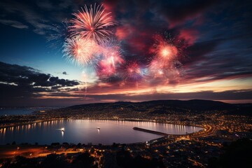 Canvas Print - Fireworks over the city. Merry christmas and happy new year concept