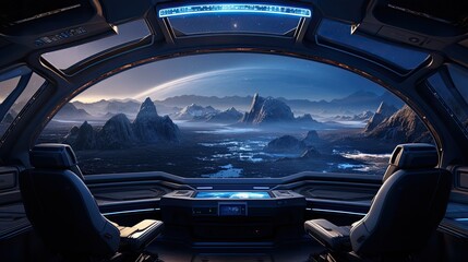 Canvas Print - Futuristic spaceship interior with large panoramic window.