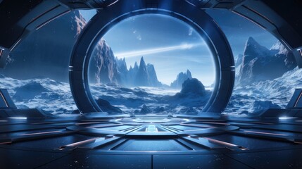 Wall Mural - Futuristic spaceship interior with large panoramic window.