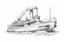 Illustration Of Vintage Steam Ship Sketch On Transparent Background. Generative AI