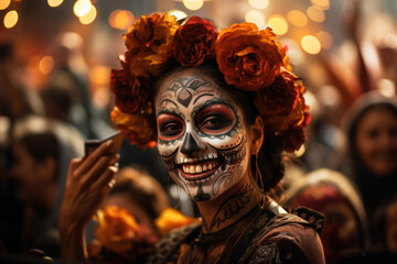 A person capturing the jubilant celebrations of Dia de los Muertos (Day of the Dead) in Mexico, honoring ancestors and celebrating life. Generative Ai.