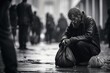 Black and white photography of a seated male aged 30 praying in the street, appearing homeless