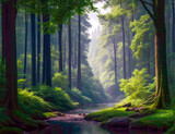 Fototapeta Na ścianę - A river flows through the landscape in an enchanted forest. Generative AI