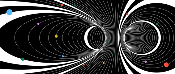 Poster - Abstract tunnel wireframe structure. Colorful geometric universe or space concept wallpaper. Futuristic energy lines on dark background. Funnel or vortex texture for banner poster. Vector illustration