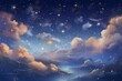 An atmospheric backdrop featuring a dreamy sky adorned with stars and floating clouds. Generative AI