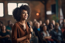 A Young African American Business Woman Engaged In A Public Speaking Event, Filled With Emotion And Feelings