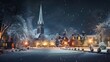 A snowy night scene with a church steeple in the background. Generative AI.