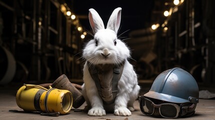 Poster - A white rabbit sitting next to a helmet and a pair of shoes. Generative AI.